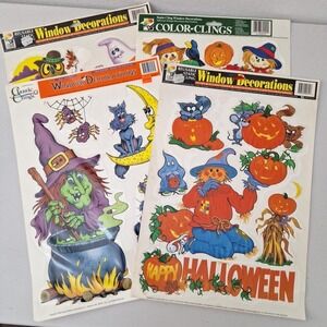 Vintage Lot Of 4 NOS Large Halloween Window Clings Decorations 12"x17" Sheets